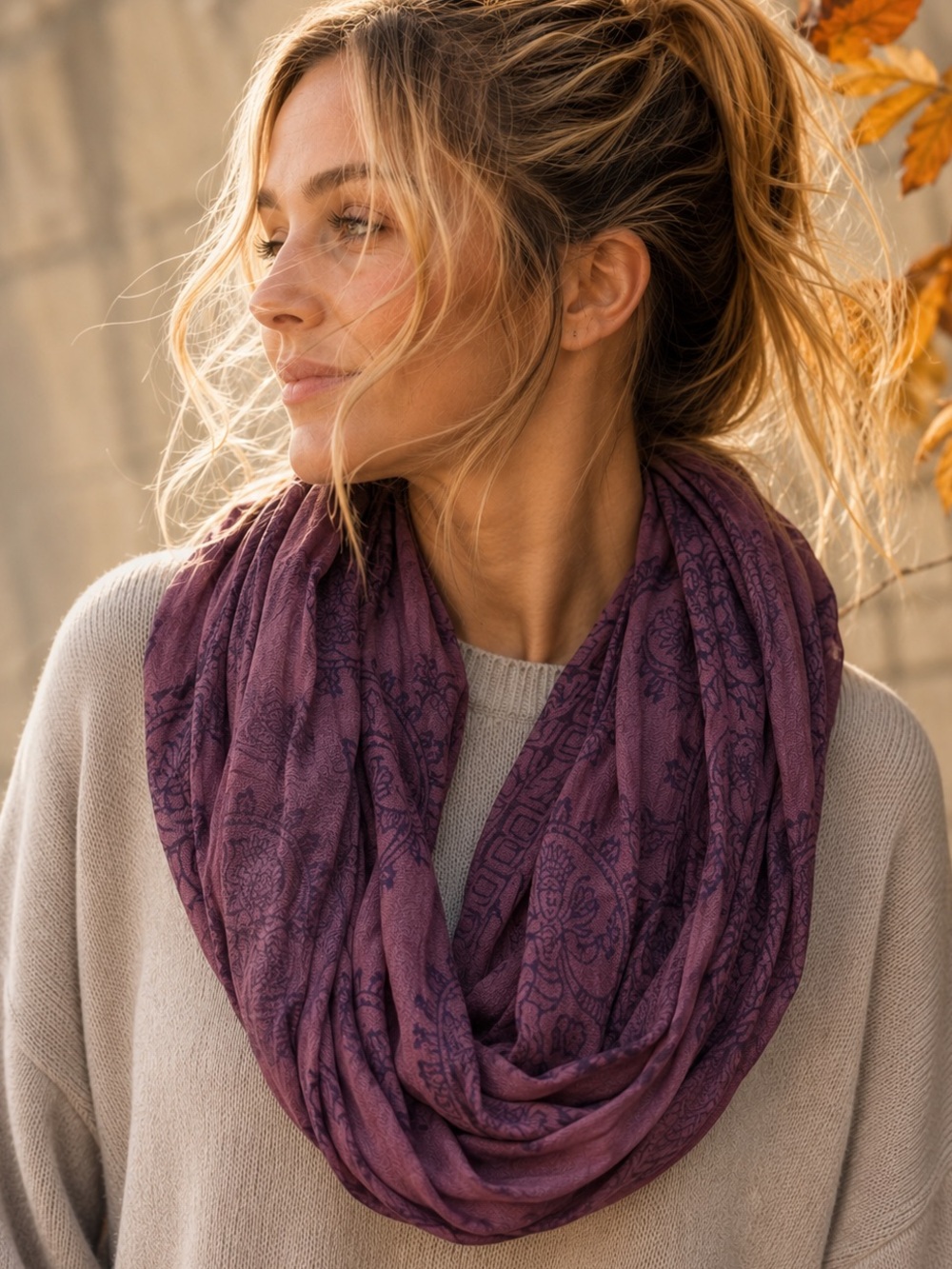 Boho Burgundy Infinity Scarf Medallion Paisley Lightweight Loop Wrap Shawl